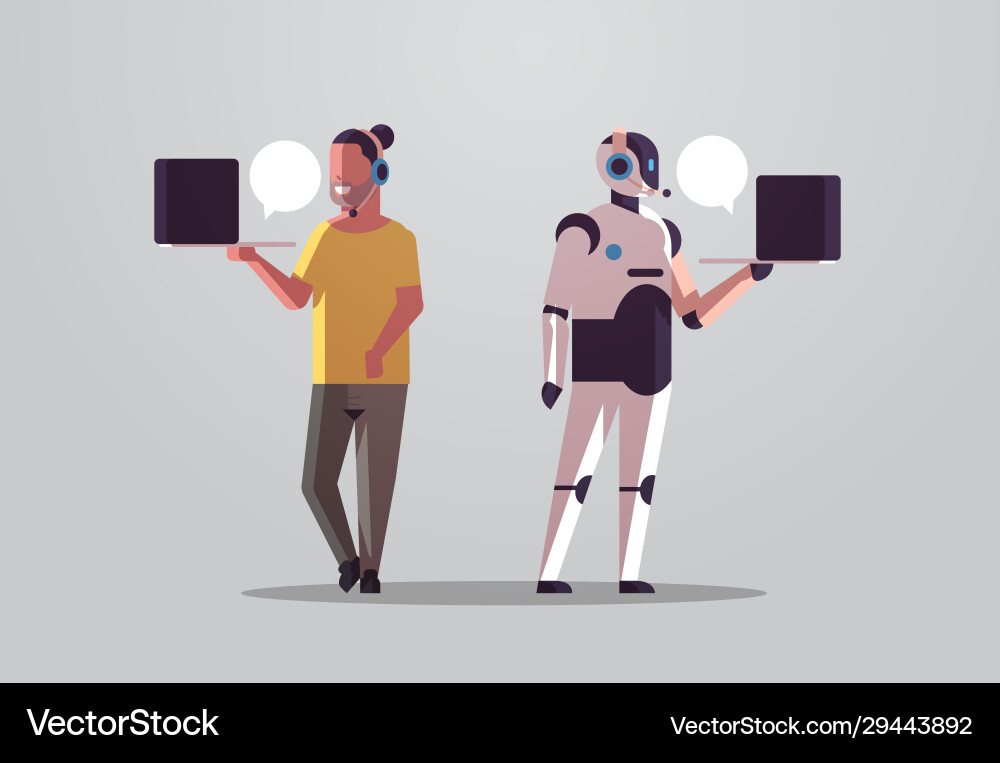 Robotic operator with man consultant using laptop Robotic operator with man consultant using laptop vector image