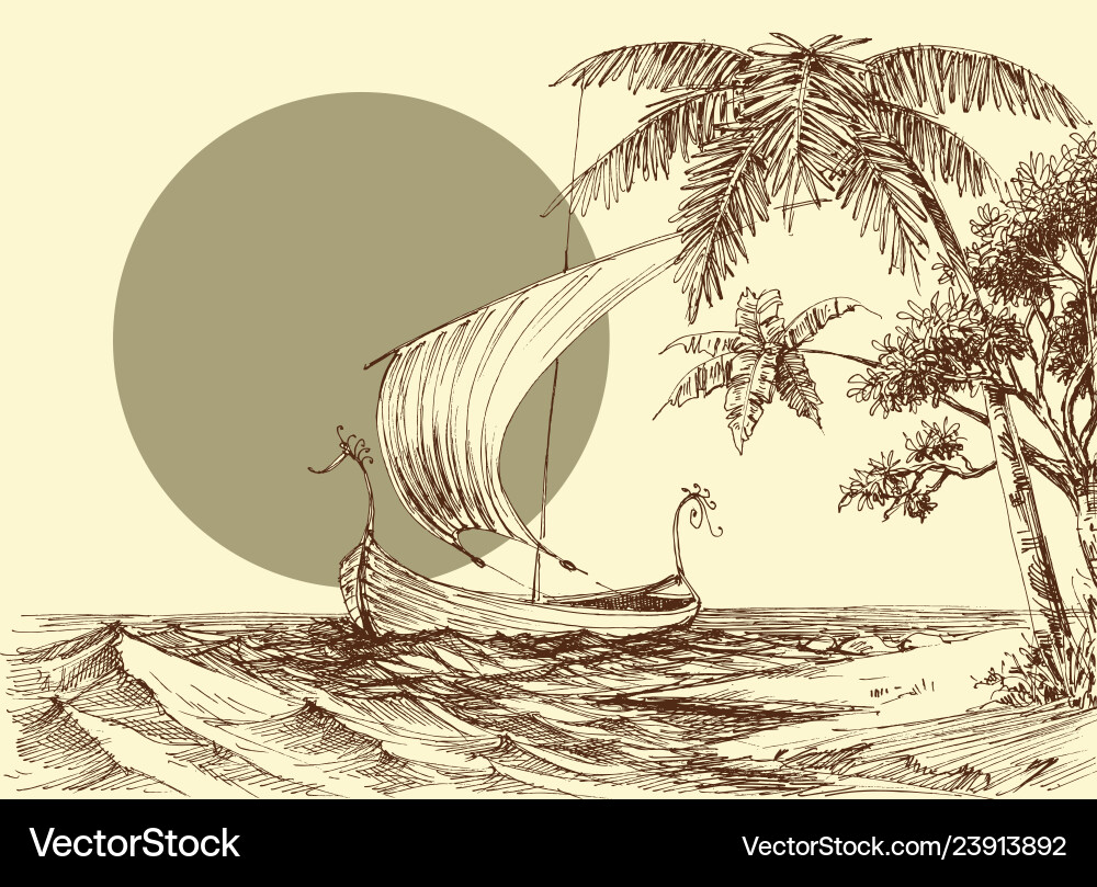 Sea scene a boat on waves and palm trees Sea scene a boat on waves and palm trees vector image