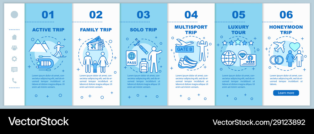 Travel styles onboarding mobile web pages template Travel styles onboarding mobile web pages template vector image