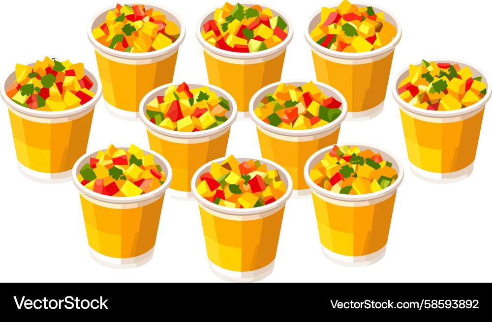 Vibrant array of mango salsa cups on a clean Vector Image