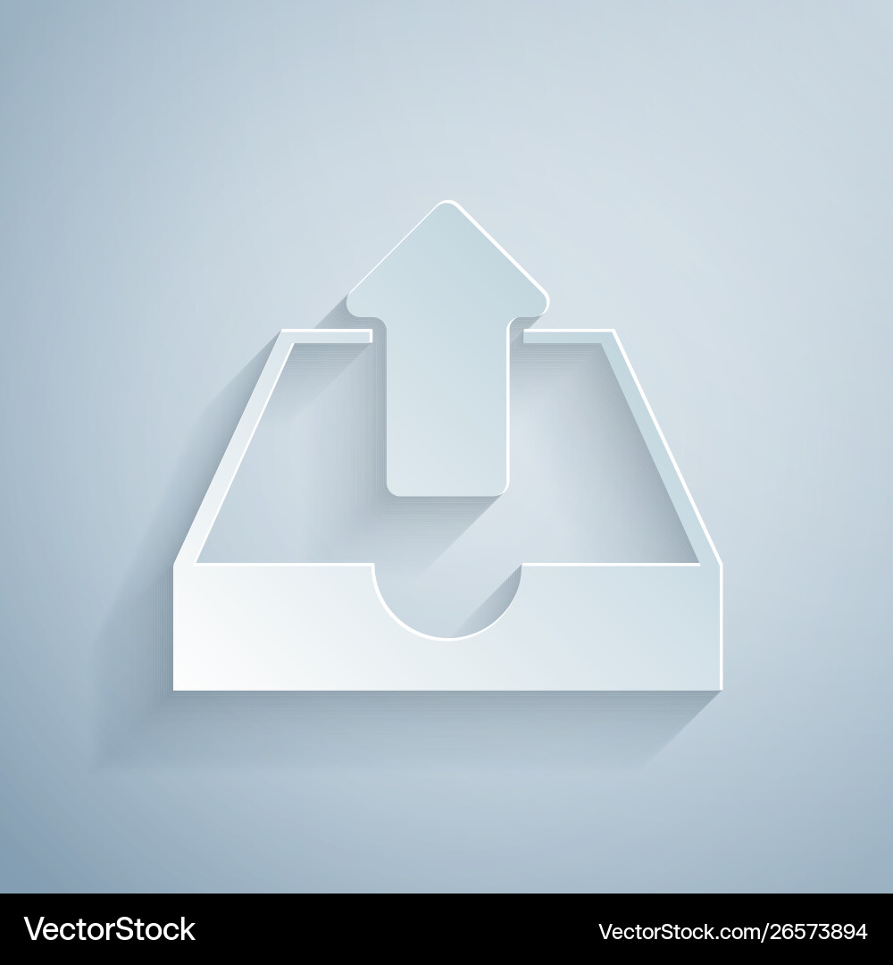 Paper cut upload inbox icon isolated on grey Paper cut upload inbox icon isolated on grey vector image