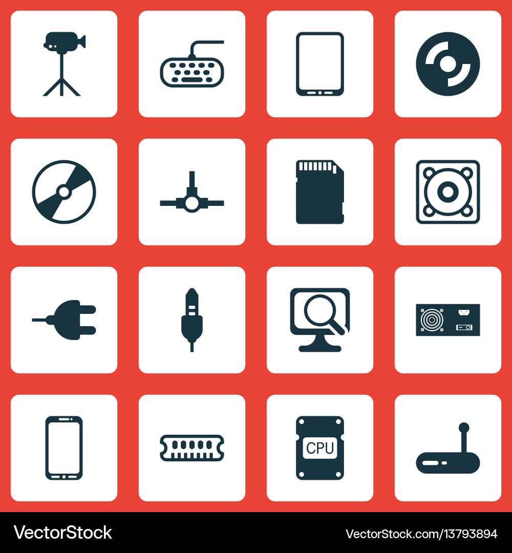 Set of 16 computer hardware icons includes Set of 16 computer hardware icons includes vector image