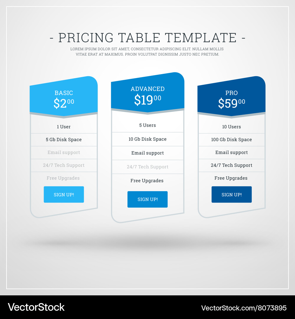 Design template for pricing table websites Vector Image