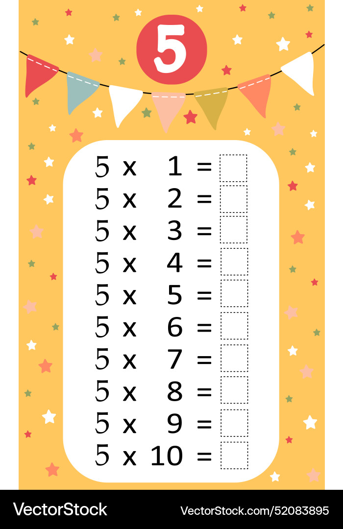 Multiplication table by 5 with a task to consolida Multiplication table by 5 with a task to consolida Vector Image