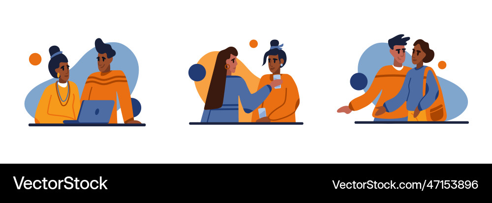 Communication between young adult people set Communication between young adult people set vector image