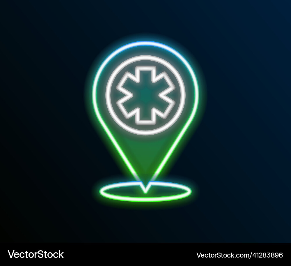 Glowing neon line medical map pointer with cross Glowing neon line medical map pointer with cross Vector Image