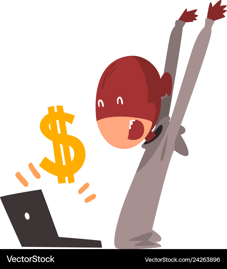 Hacker in mask stealing money using laptop Hacker in mask stealing money using laptop vector image