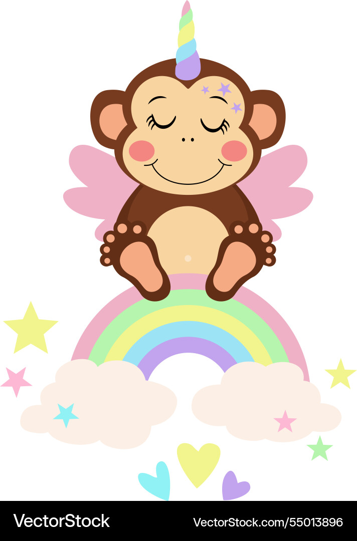 Magical unicorn monkey on a rainbow with clouds Vector Image