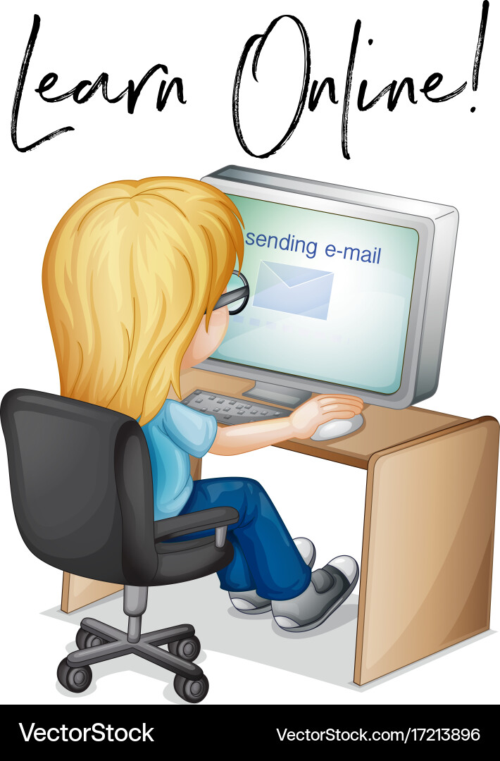 Phrase learn online with girl working on computer vector image