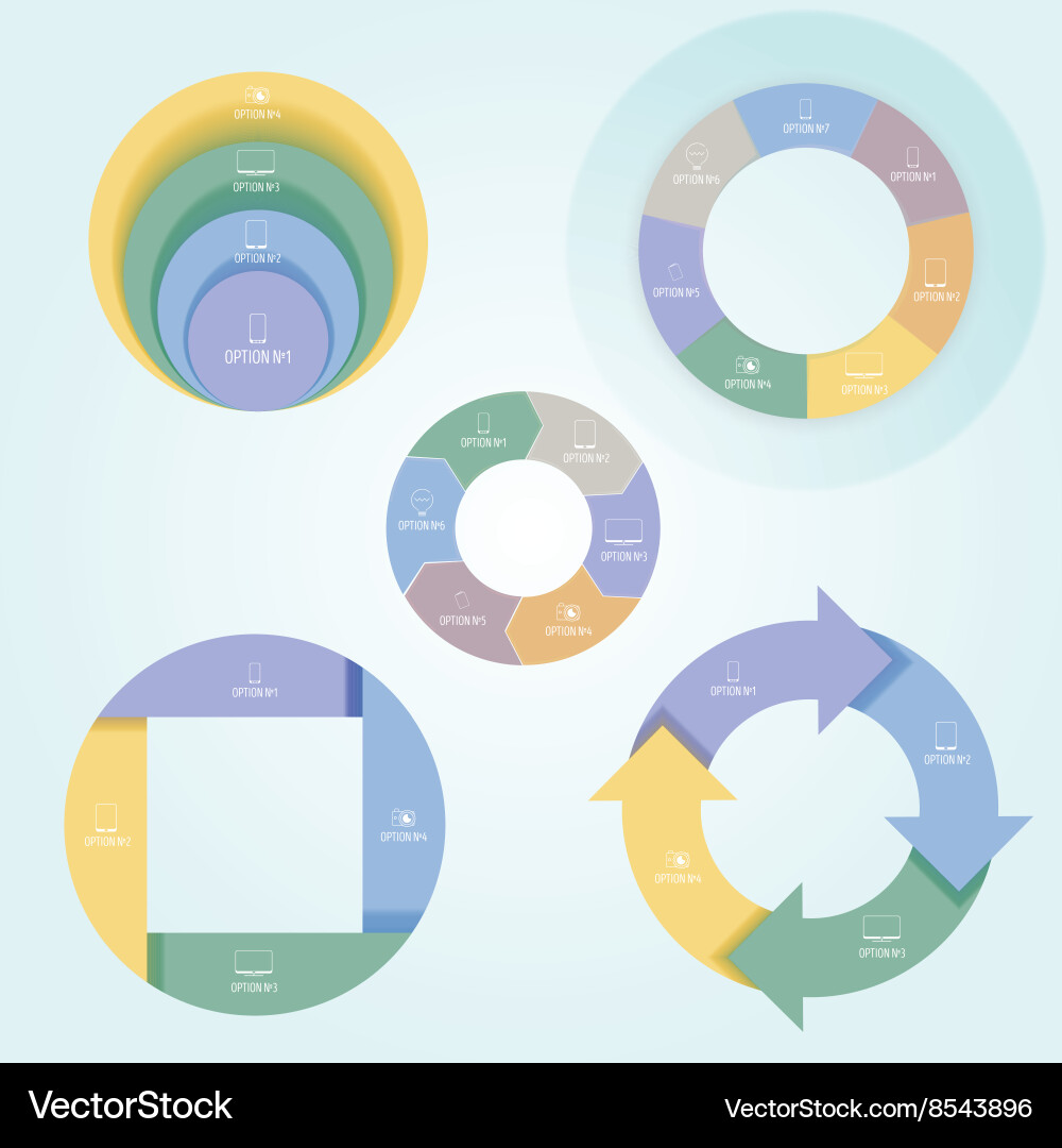 Set of 5 pie charts in a flat style with icons vector image