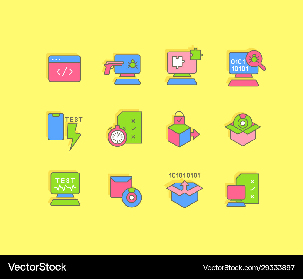 Einfache Linien-Icons Software-Tests einstellen Einfache Linien-Icons Software-Tests einstellen vektorbild