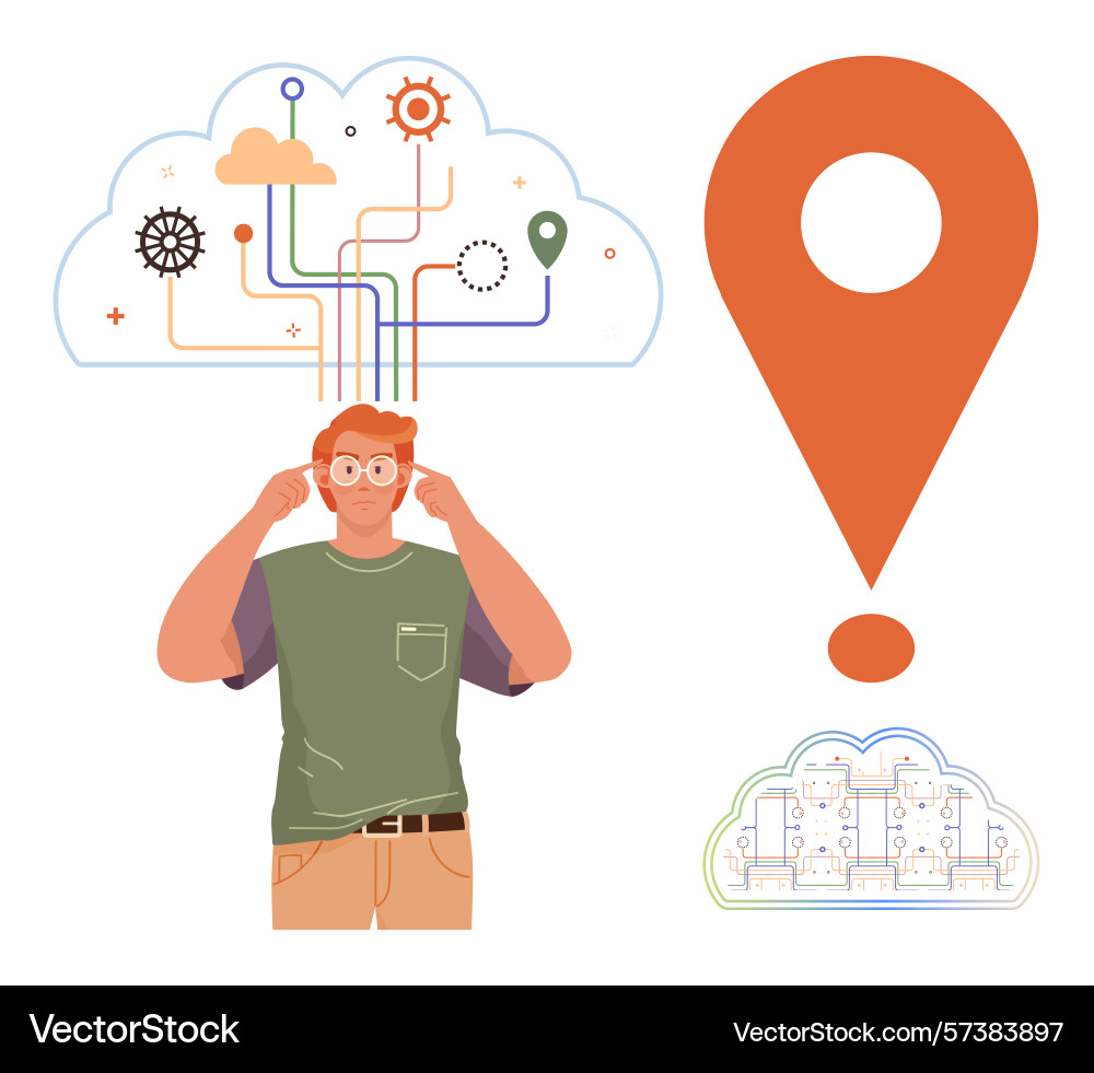 Man exploring navigation ideas and digital journey Man exploring navigation ideas and digital journey vector image