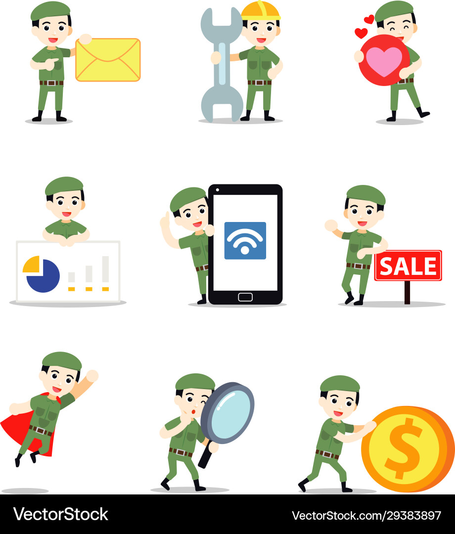 Set character man join in army cadet Set character man join in army cadet Vector Image