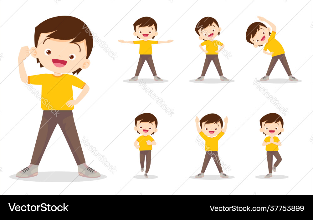Bundle set boy on exercise various actions Bundle set boy on exercise various actions vector image