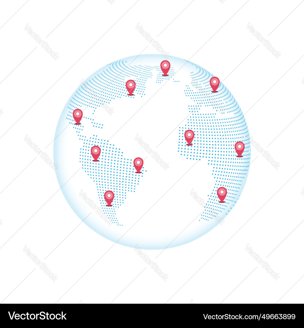 Dotted globe world map with pins pointers Dotted globe world map with pins pointers vector image