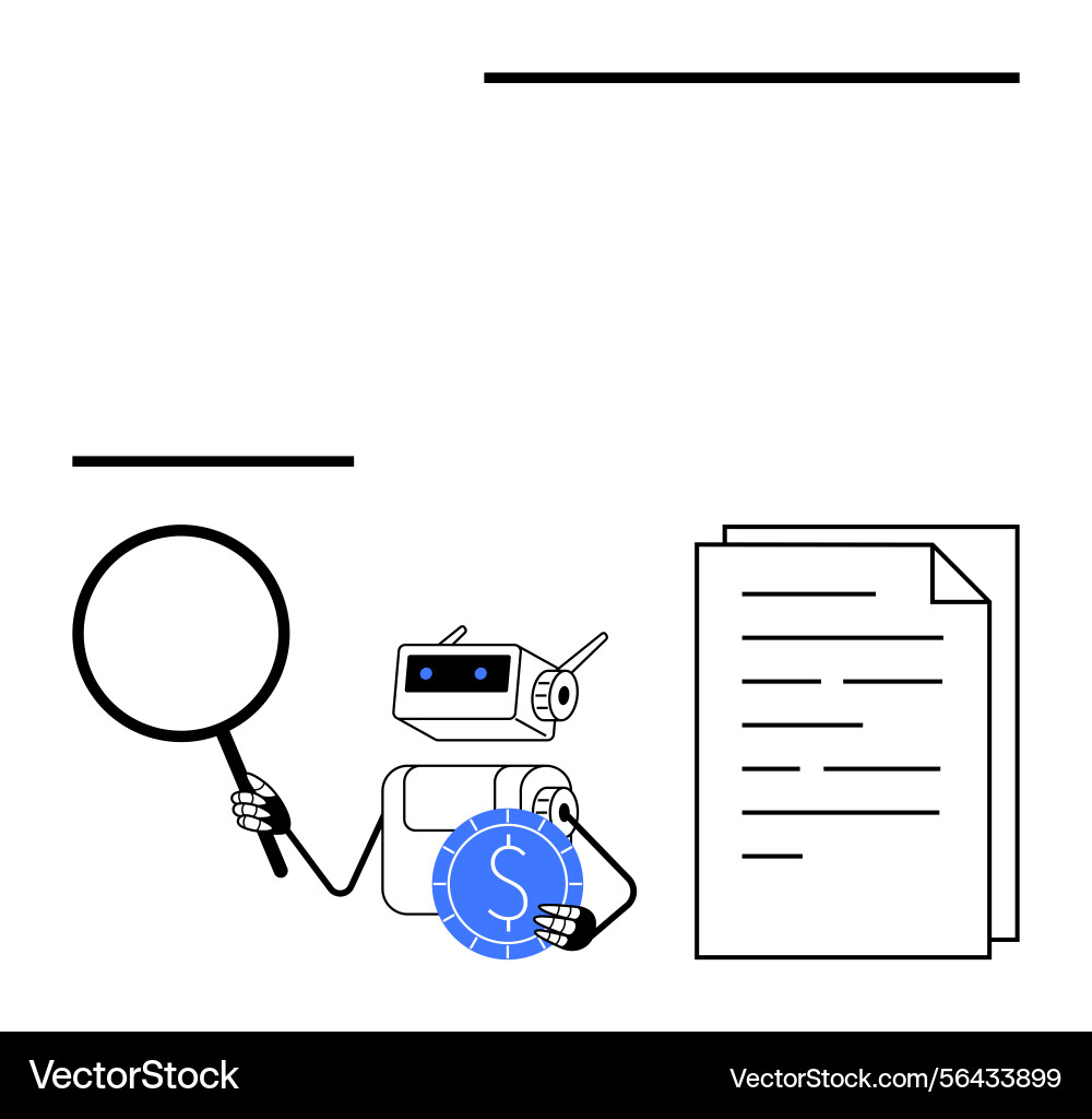 Robot analyzing documents with magnifying glass Robot analyzing documents with magnifying glass vector image