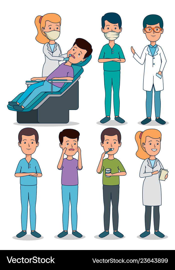 Set professional dentist with patient and teeth Set professional dentist with patient and teeth vector image