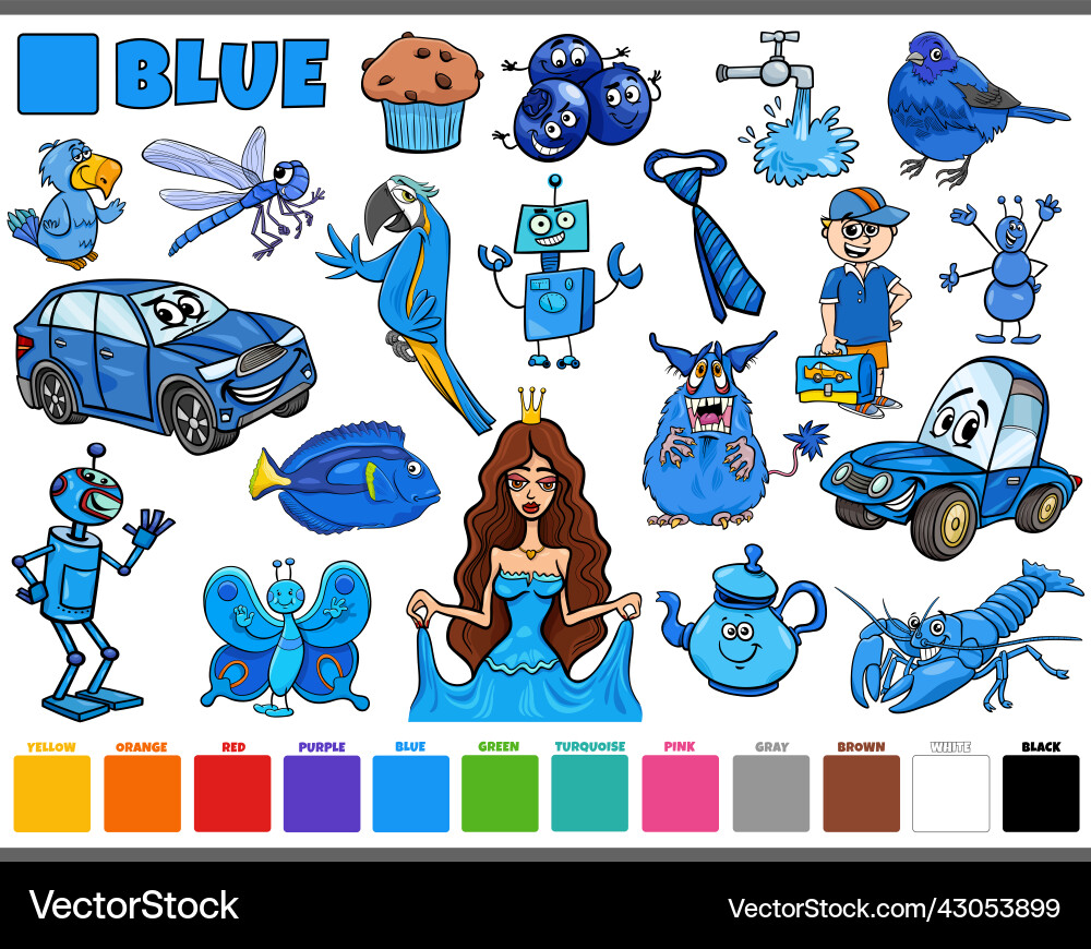 Set with cartoon characters and objects in blue Set with cartoon characters and objects in blue vector image