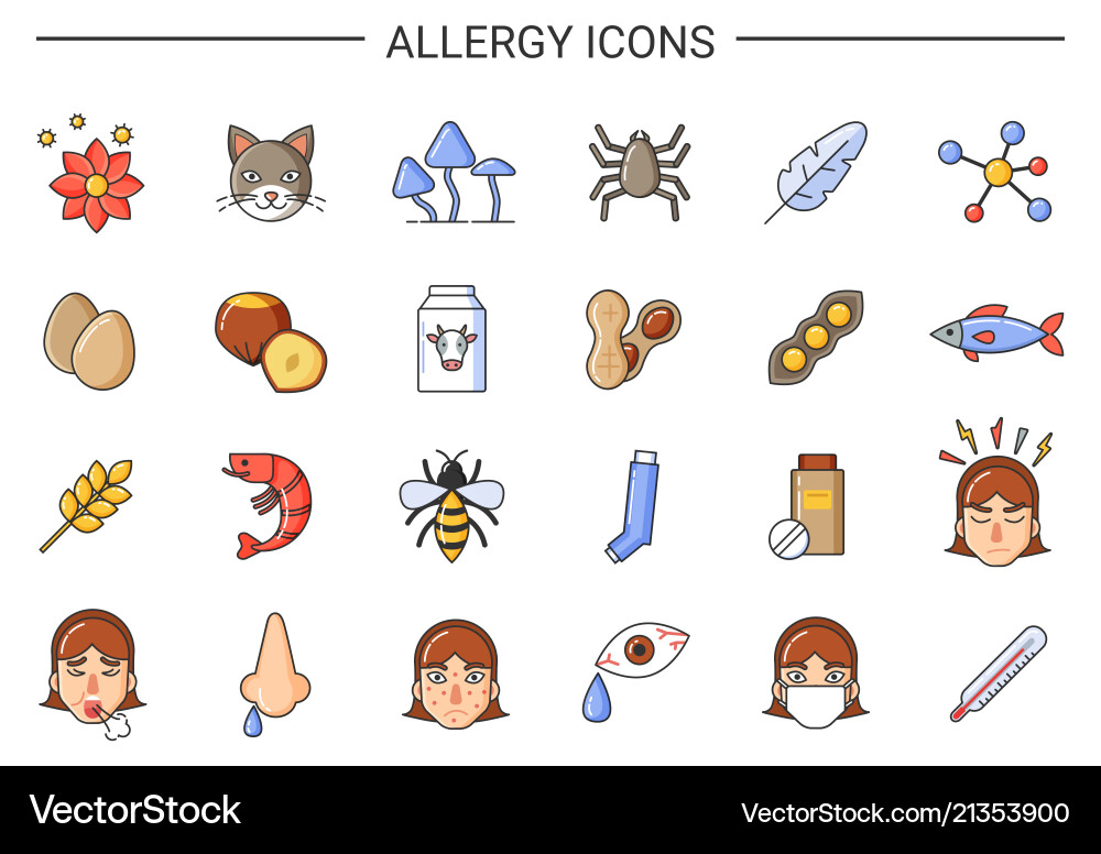 Allergy sources icons with causative agents set Allergy sources icons with causative agents set vector image