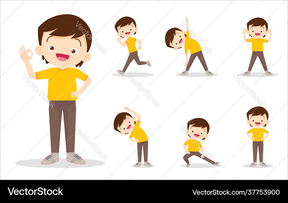 Bundle set cute boy on exercise various actions Bundle set cute boy on exercise various actions vector image
