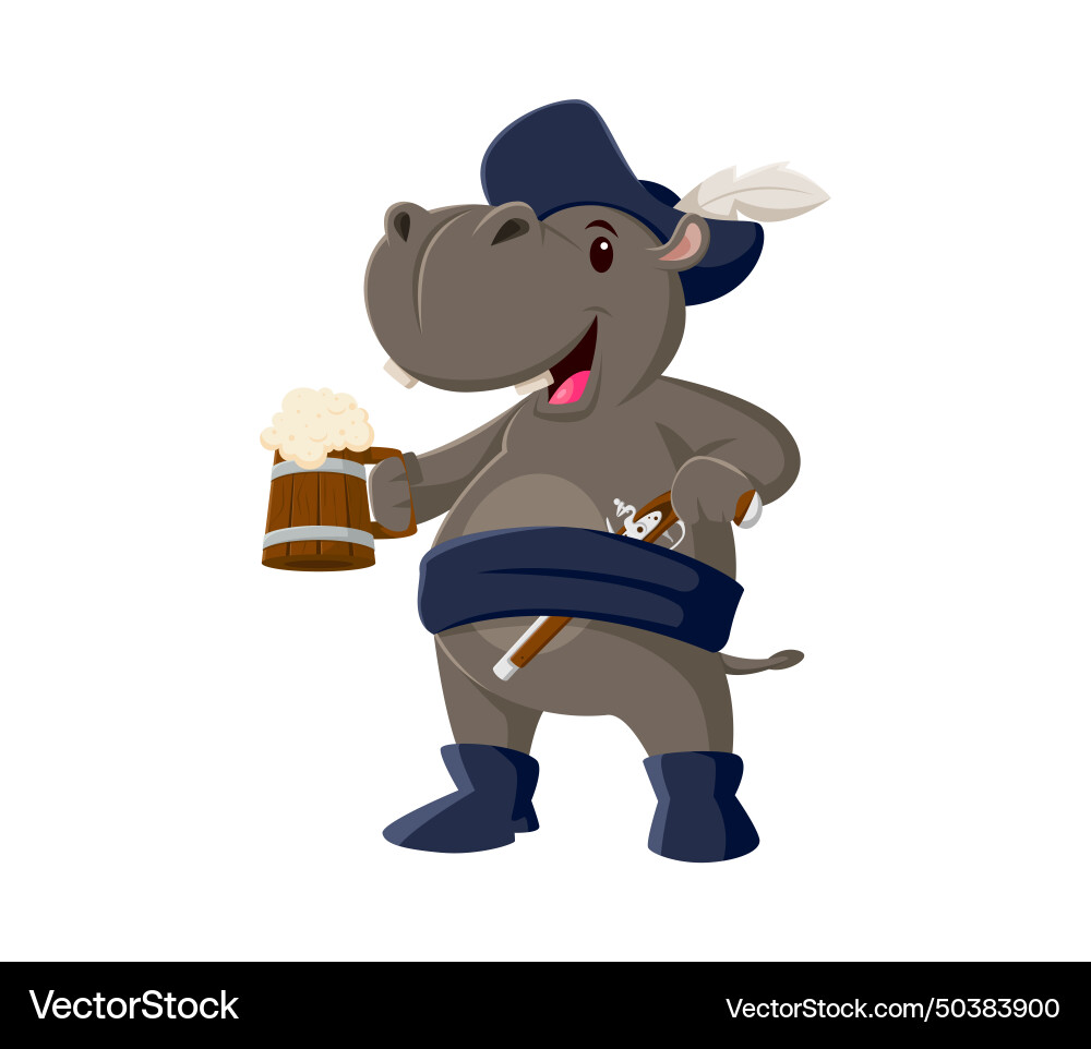 Cartoon hippo pirate animal character with tankard Cartoon hippo pirate animal character with tankard vector image