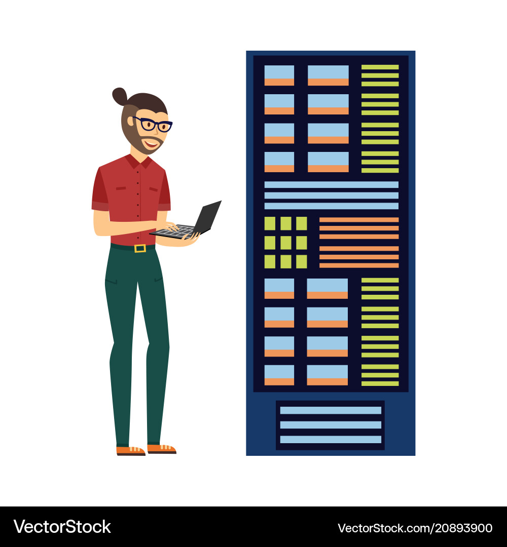 Man at server rack data center vector image