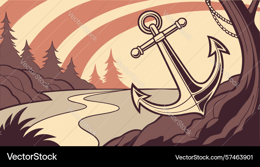 Anchor and chain on a winding path at serene Vector Image