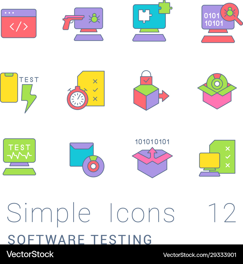 Einfache Linien-Icons Software-Tests einstellen Einfache Linien-Icons Software-Tests einstellen vektorbild
