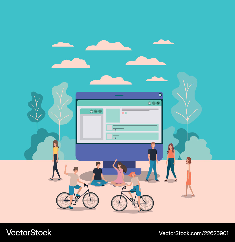 Mini people working in computer desktop Vector Image