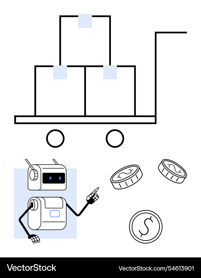 Robot pointing at stacked boxes on dolly Robot pointing at stacked boxes on dolly vector image
