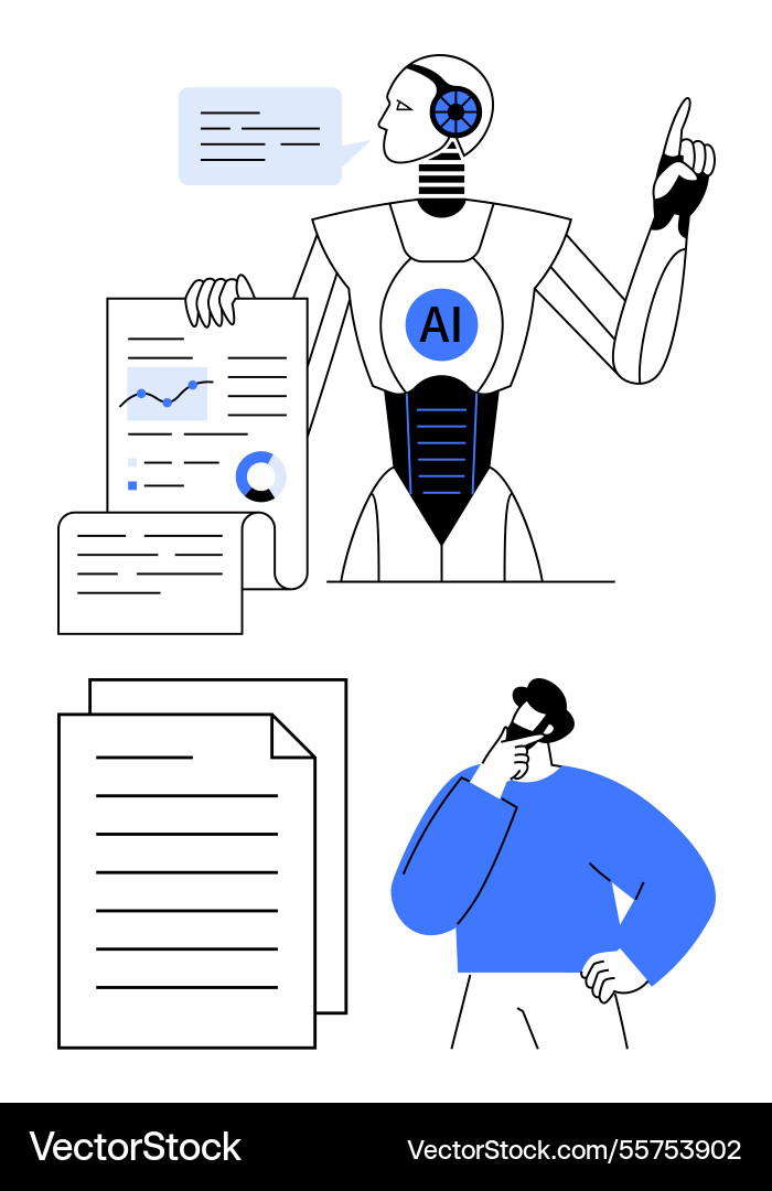 Ai robot analyzing data with thoughtful person Ai robot analyzing data with thoughtful person vector image