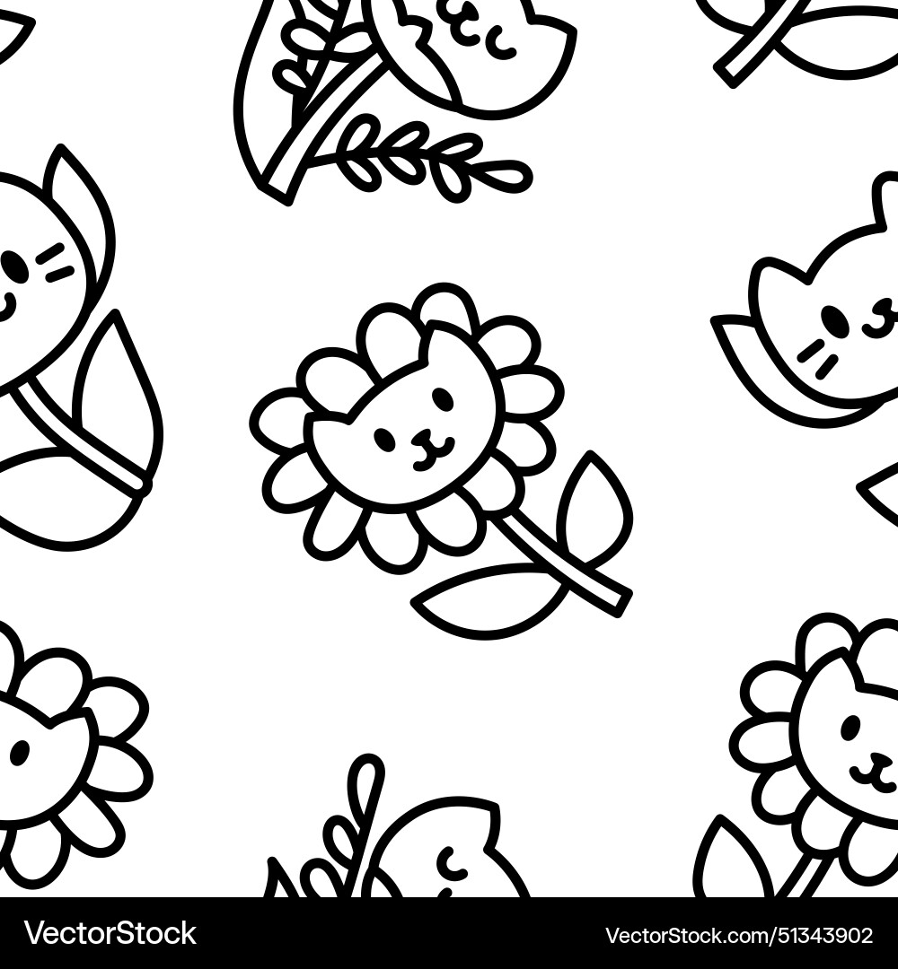 Flower cat seamless pattern coloring page Vector Image