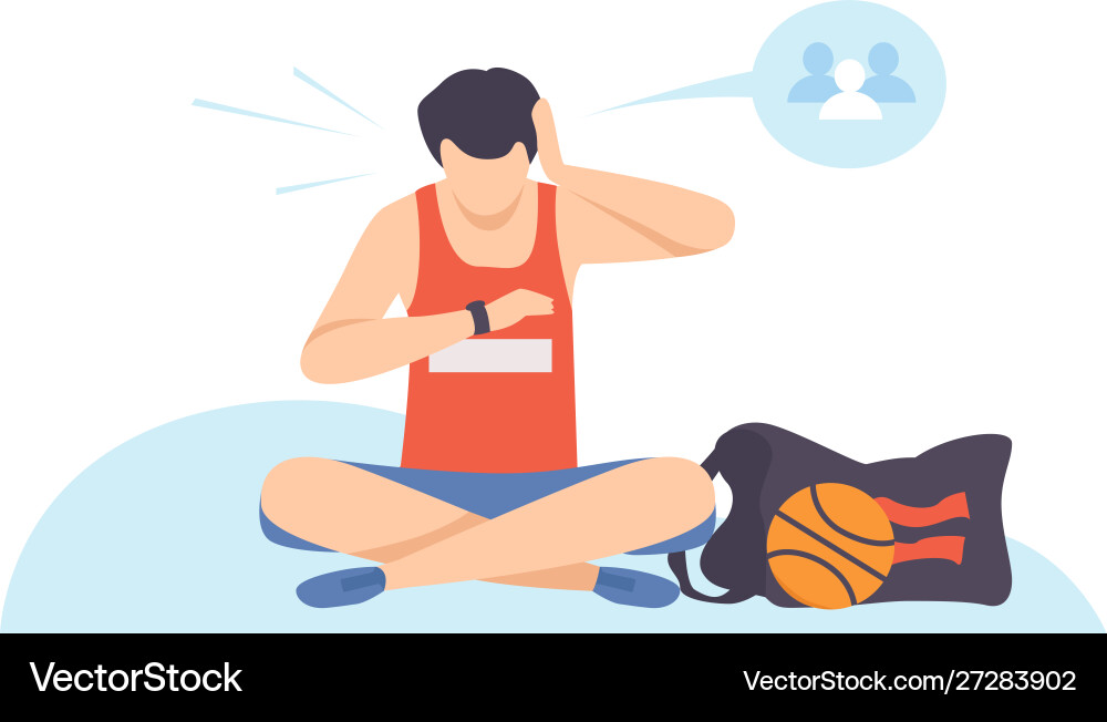 Man in sports shorts is sitting and looking at his Man in sports shorts is sitting and looking at his vector image