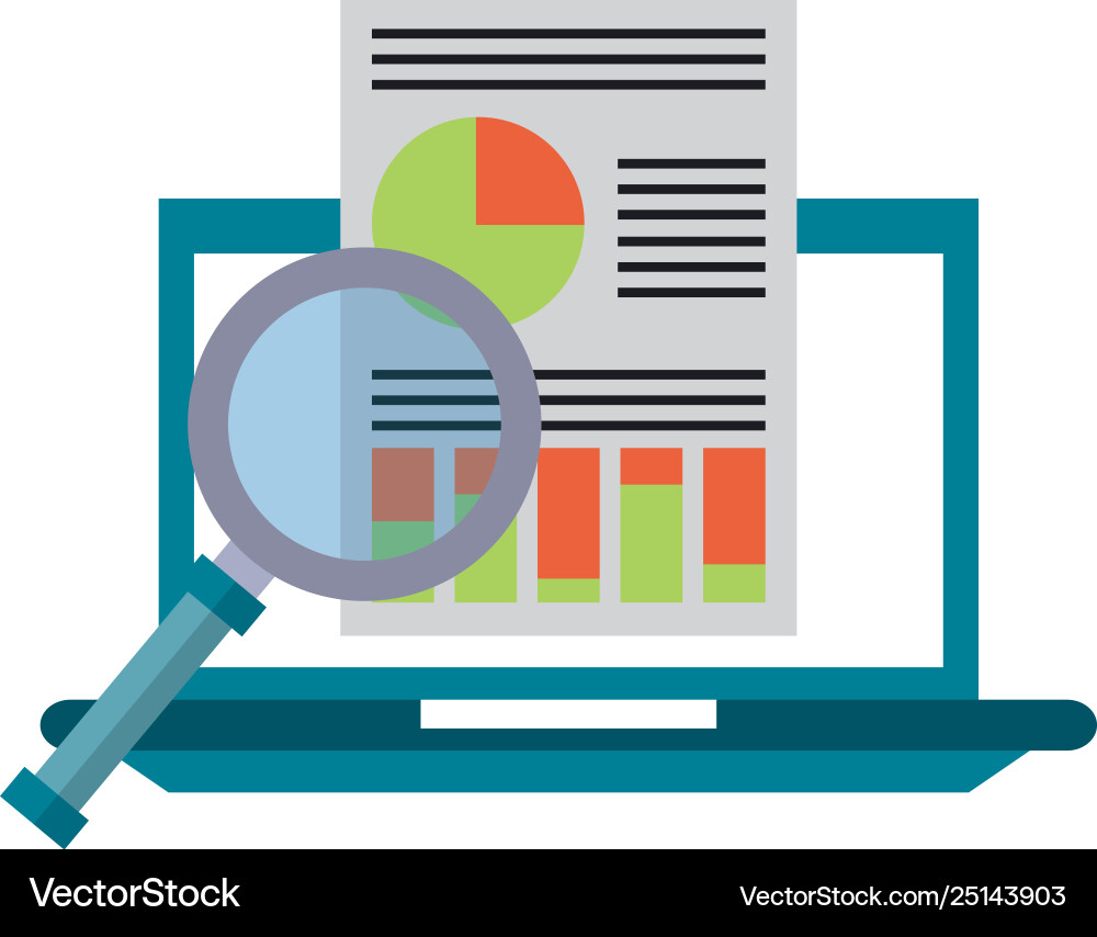 Computer with magnifying glass and document Vector Image