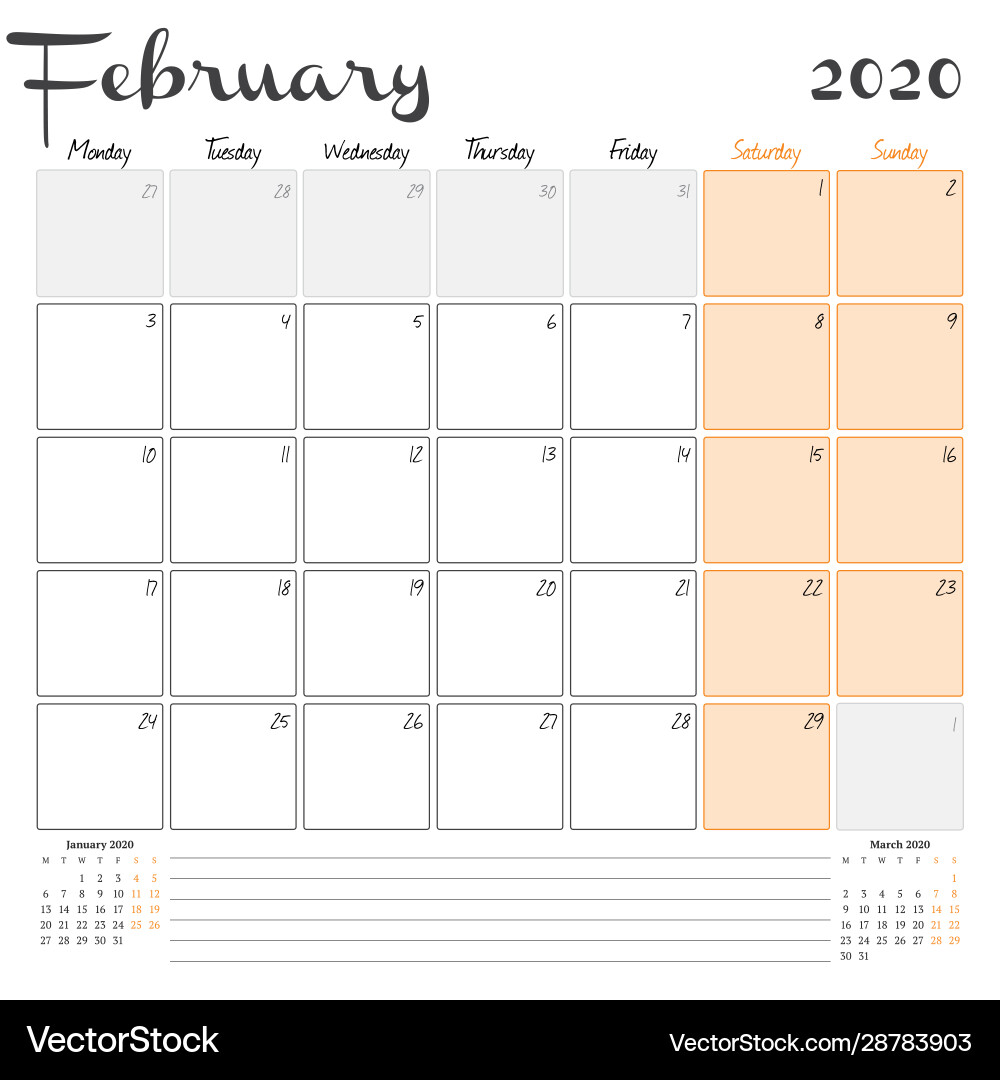 February 2020 monthly calendar planner printable February 2020 monthly calendar planner printable vector image