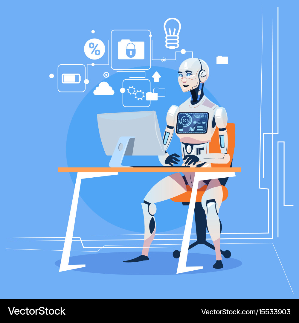 Moderne Roboter arbeiten mit Computer-Fixierungsfehlern Vektorbild