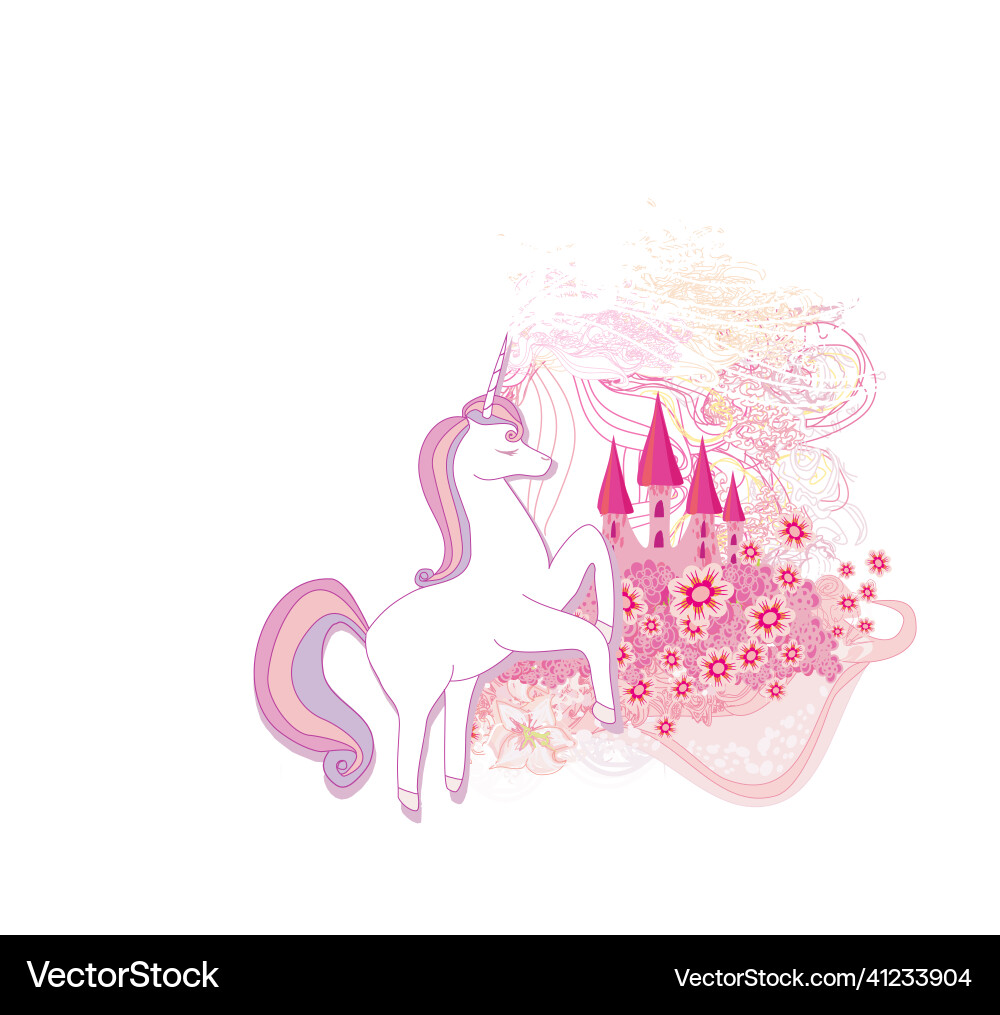 Beautiful unicorn and a pink fairytale castle Beautiful unicorn and a pink fairytale castle vector image