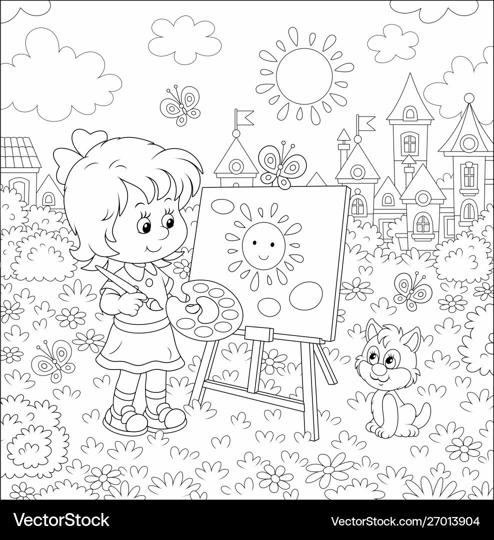 Little girl drawing sun and clouds Little girl drawing sun and clouds vector image