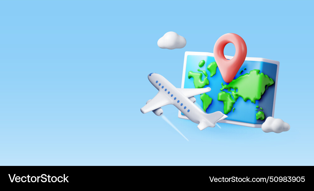 3d airplane in clouds and paper map 3d airplane in clouds and paper map vector image