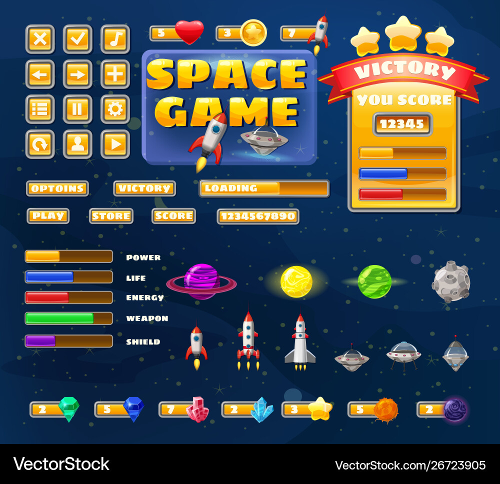 Big set buttons icons elements for space game