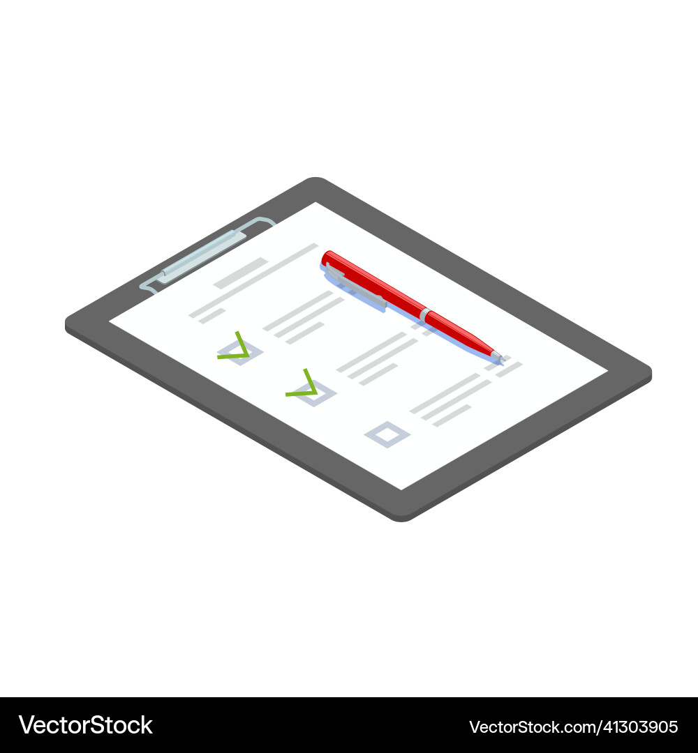Clipboard with to-do list and red pen isometric Clipboard with to-do list and red pen isometric vector image