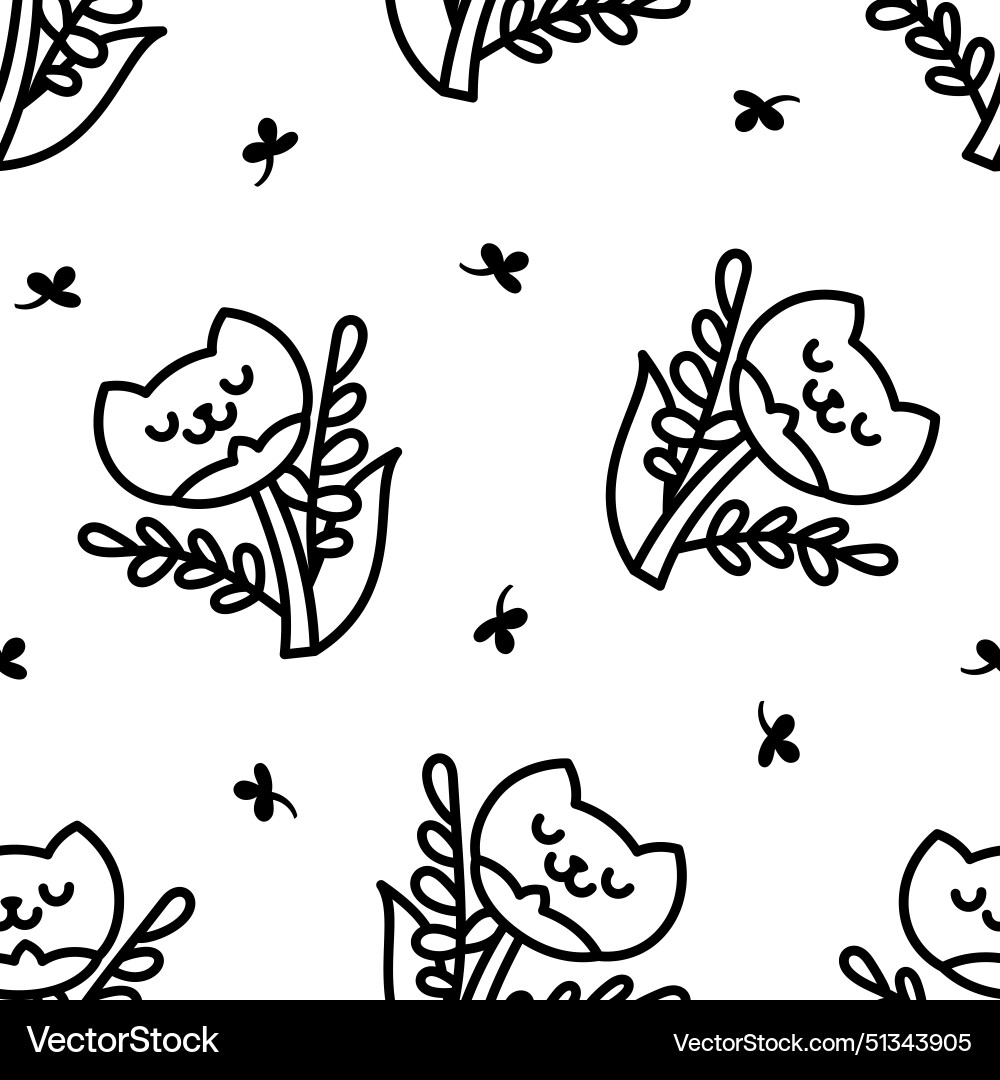 Flower cat seamless pattern coloring page Vector Image