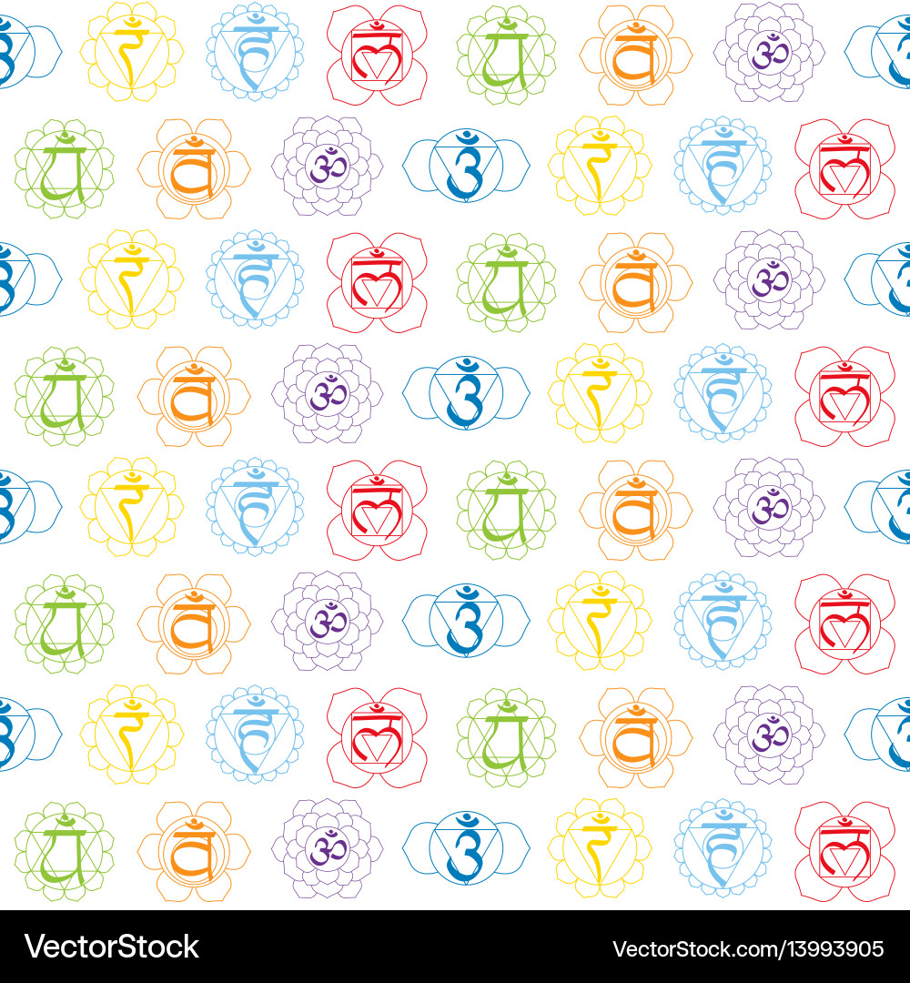 Seamless pattern with signs and names of chakras vector image