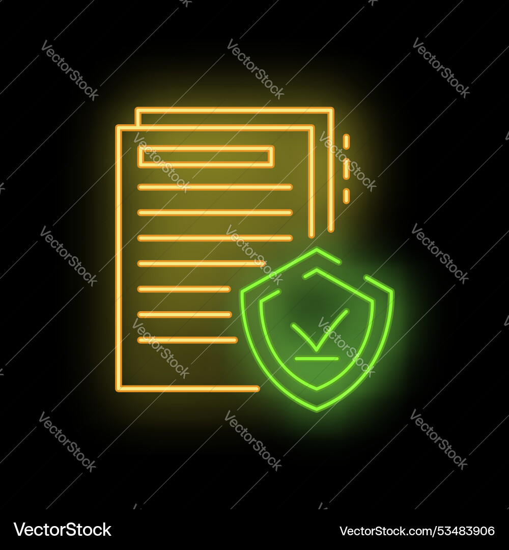 Neon icon of documents with shield representing Neon icon of documents with shield representing vector image