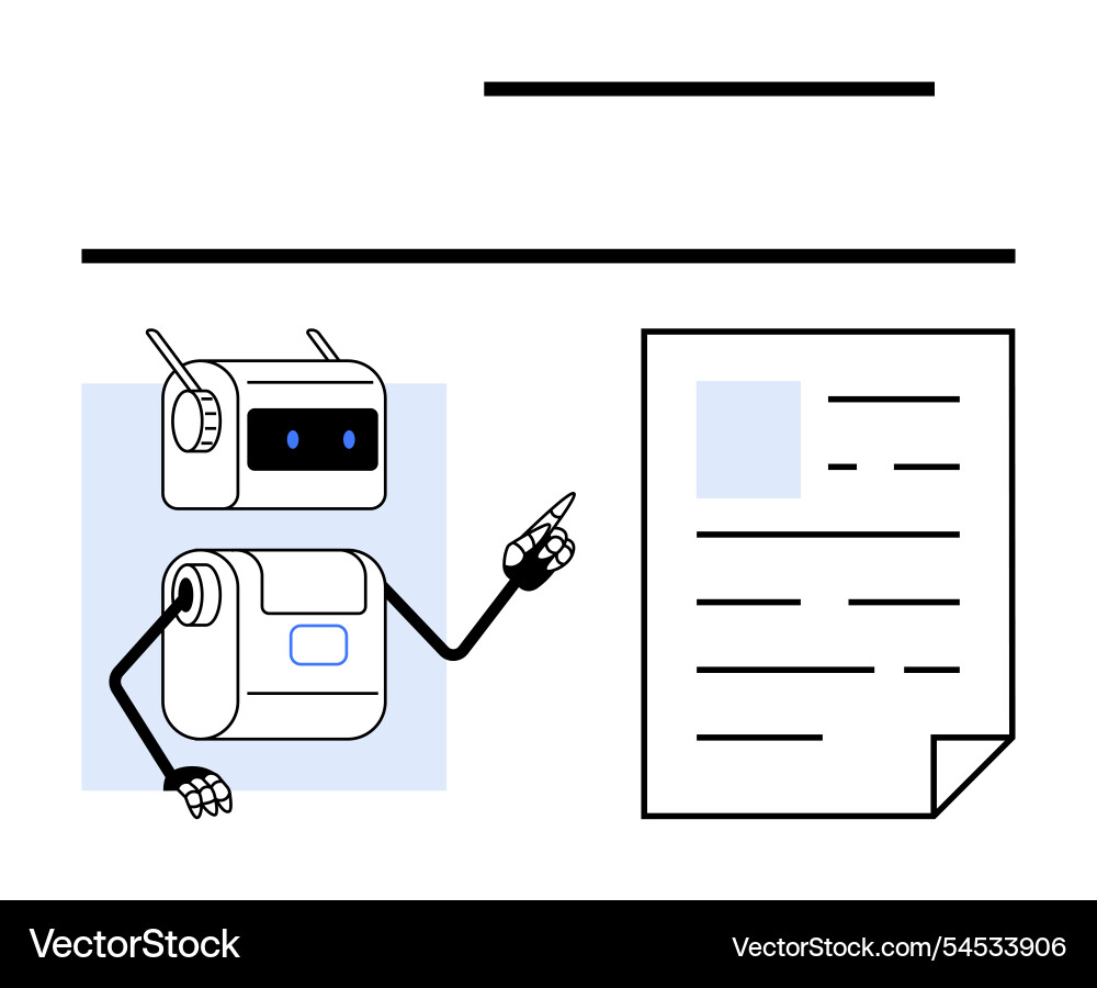 Robot pointing at document emphasizing Robot pointing at document emphasizing vector image