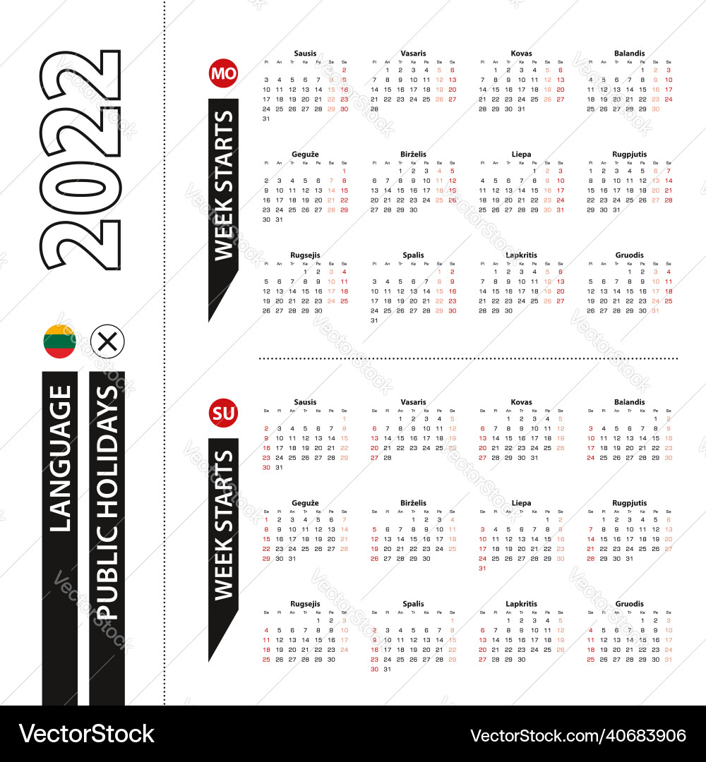 Two versions of 2022 calendar in lithuanian week Vector Image
