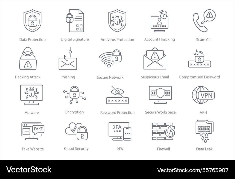 A set of line icons related to cyber Vector Image