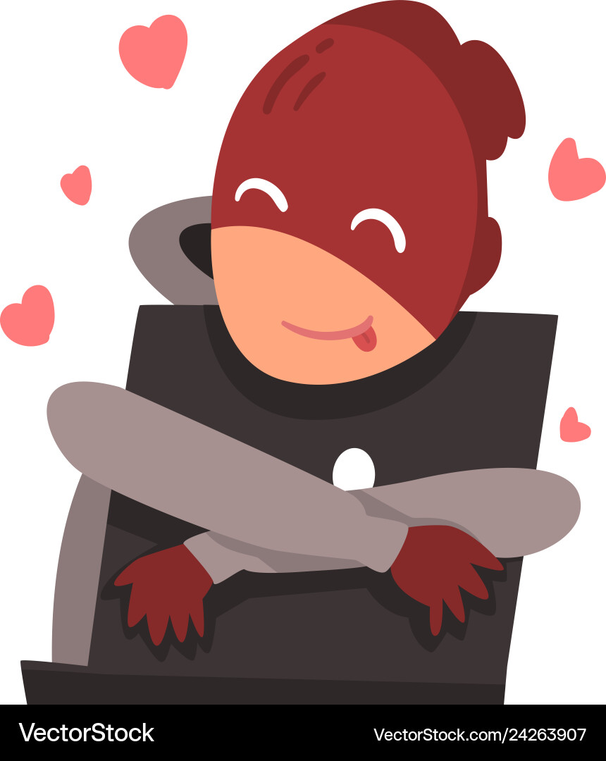 Hacker in mask hugging laptop internet crime Vector Image