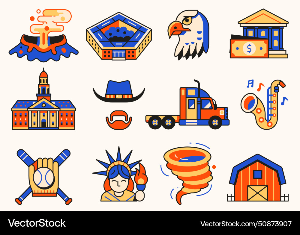 Usa icons and design elements in line art vector image