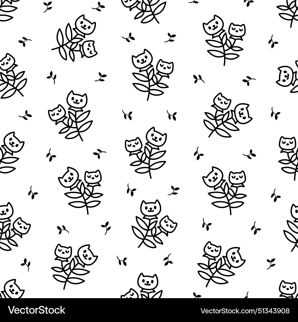 Flower cat seamless pattern coloring page Vector Image